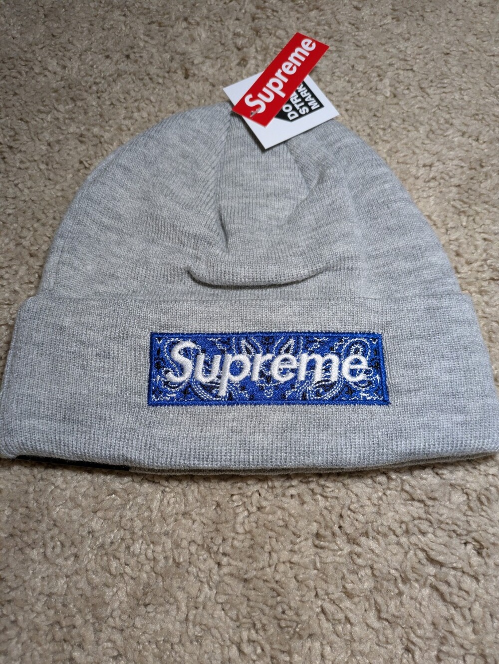 Supreme x New Era Bandana Box Logo Beanie – Gray/Blue – NWOT